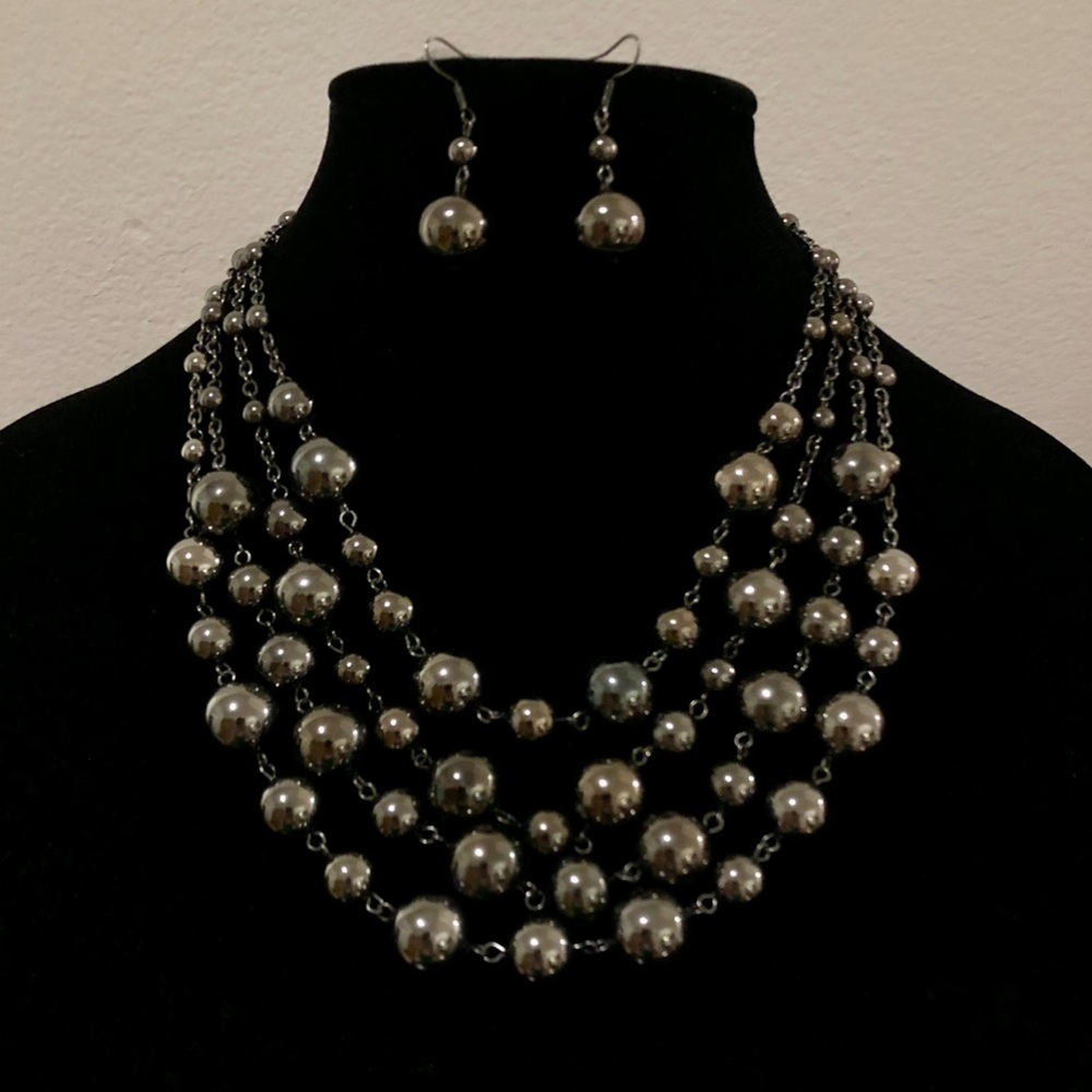 Vintage 90s 4-Strand Beaded Necklace and Pierced Earrings